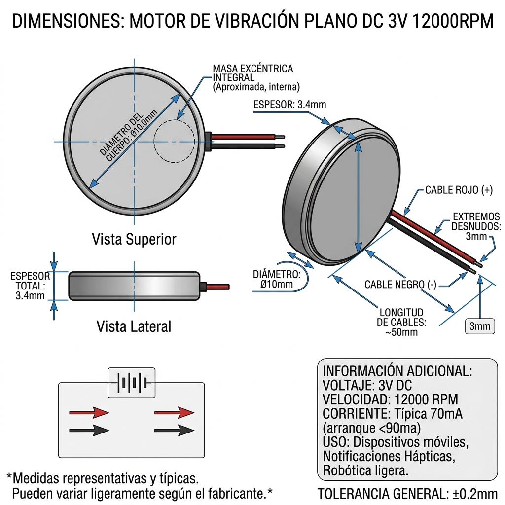 Micro Motor de Vibración Plano DC 3V (12000 RPM) - Imagen 2